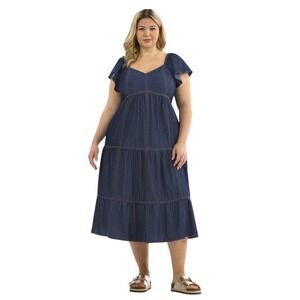 Terra & Sky Plus Size 2X Midi Dress Blue Denim Tiered Smocked Boho Fairy 1797